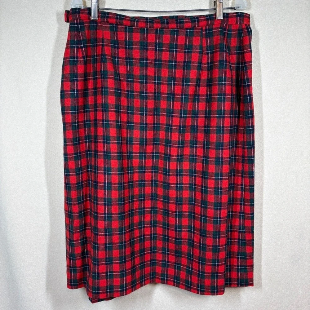 Vtg Pendleton Red Tartan Plaid Pleat Wool Skirt Sz 34‎ Holiday Festive Preppy
